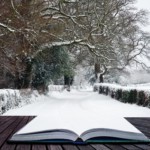 snow winter landscape countryside scene with english countryside coming out of pages in magical book