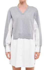 English Factory V-Neck Layered Sweatshirt Dress